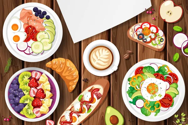 Différentes Assiettes Nourriture Sur Table Illustration — Image vectorielle