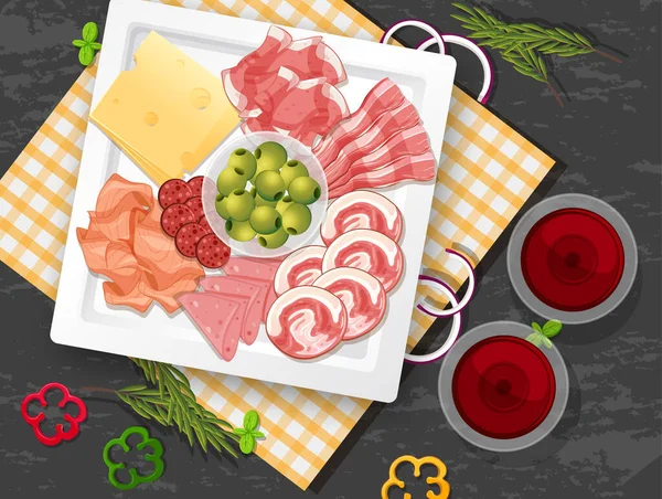 Almoço Conjunto Carne Com Diferentes Carnes Frias Ilustração Platter — Vetor de Stock