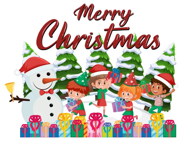 Buon Natale Logo Banner Con Illustrazione Bambini Felici — Vettoriale Stock