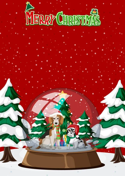 Καλά Χριστούγεννα Αφίσα Πρότυπο Σκυλιά Στην Απεικόνιση Χιονοθόλος — Διανυσματικό Αρχείο