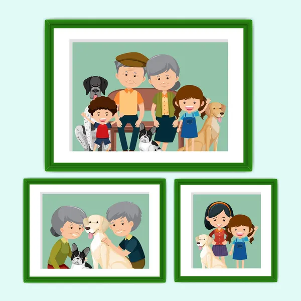 Set Van Gelukkige Familie Foto Frames Cartoon Stijl Illustratie — Stockvector