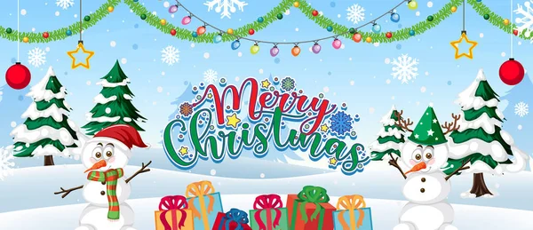 Veselé Vánoce Text Logo Sněhuláka Dárkové Krabice Sněhu Pozadí Ilustrace — Stockový vektor