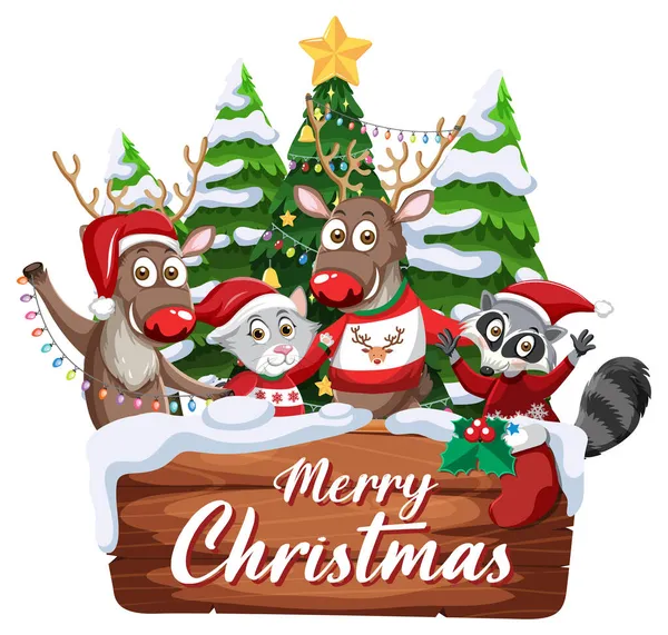 スノーマンと動物の漫画のキャラクターイラストとメリークリスマスバナー ストックベクター C Brgfx