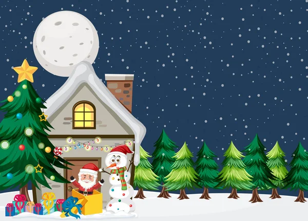 Рождественский Фон Снежным Домиком Ночью Иллюстрация — стоковый вектор