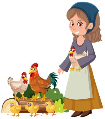 Ortaçağ kızı beyaz arkaplanda tavuk yetiştiriyor.