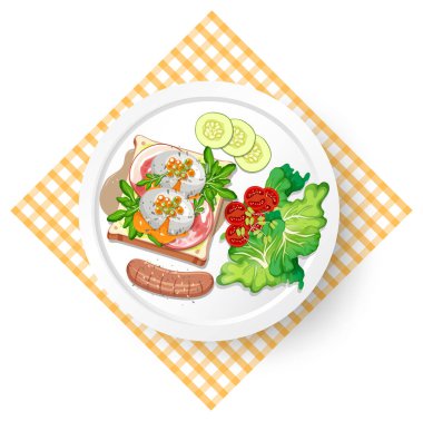 Yumurtalı ekmek ve sosis resimli sağlıklı bir kahvaltı.