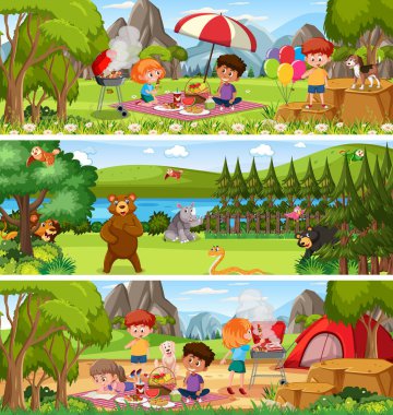 Çizgi film karakteri illüstrasyonuyla gündüz sahnesinde farklı doğa manzarası