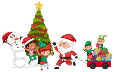 Mutlu çocuklu Noel Baba ve Noel ağacı çizimi