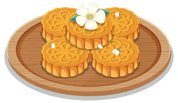 Pilha Mooncakes Placa Madeira Ilustração — Vetor de Stock