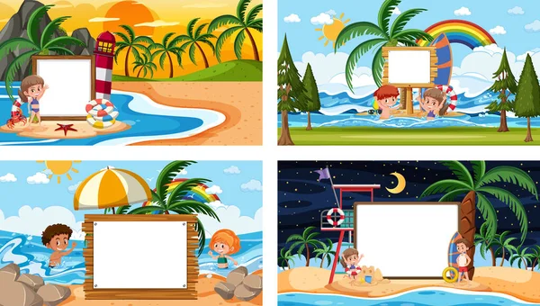 Állítsa Különböző Trópusi Strand Jelenetek Üres Banner Illusztráció — Stock Vector