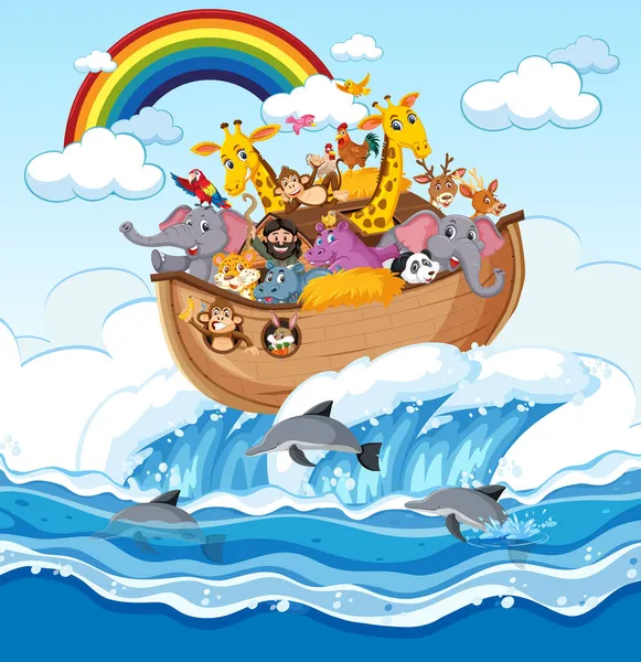 Animals Noah Ark Floating Ocean Scene Illustration — Stock Vector