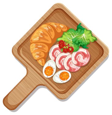 Jambonlu kahvaltı kruvasanı ve izole bir tabakta haşlanmış yumurta.