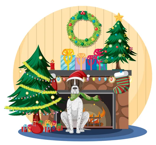 Kamin Mit Hund Und Weihnachtsdekoration Illustration — Stockvektor