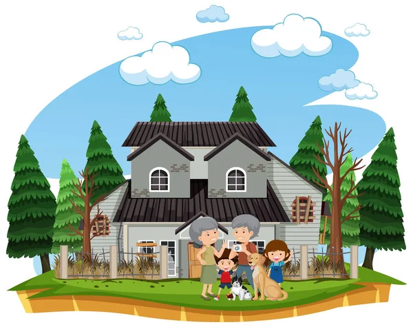 Família Feliz Ilustração Casa Velha —  Vetores de Stock
