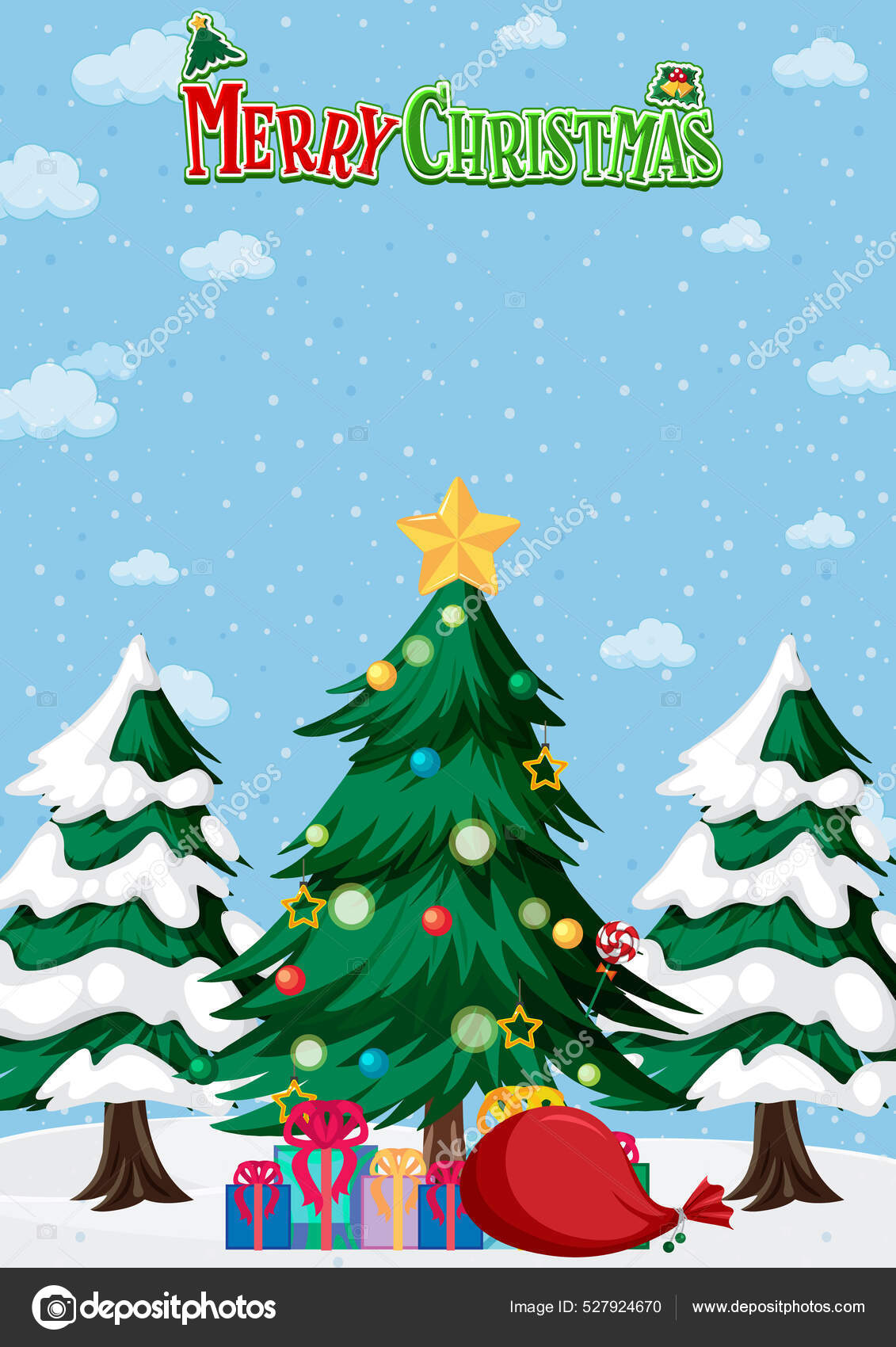 クリスマスツリーとギフトボックスのイラスト付きメリークリスマスポスター ストックベクター ©brgfx 527924670, image size:1131x1700