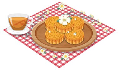 Masa örtüsünde çay fincanı olan ay çöreği yığını.