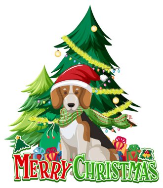Beagle köpeği ve Noel ağacı illüstrasyonuyla Mutlu Noeller.