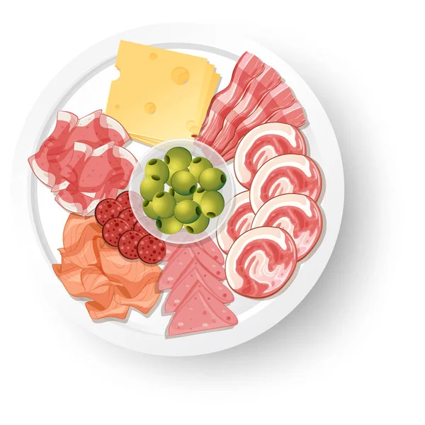Lunch Fleisch Set Mit Verschiedenen Wurstwaren Auf Platte Illustration — Stockvektor