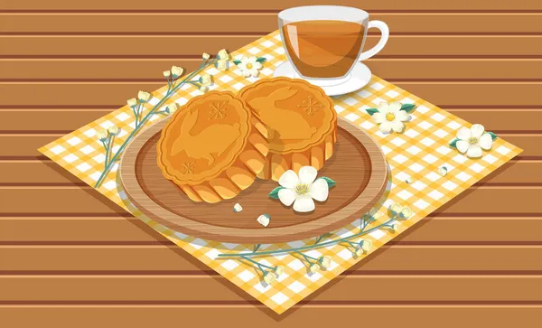 Pilha Mooncakes Com Xícara Chá Conjunto Ilustração Mesa Madeira — Vetor de Stock