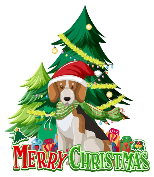 Merry Christmas Font Beagle Dog Christmas Tree Illustration — Stock Vector