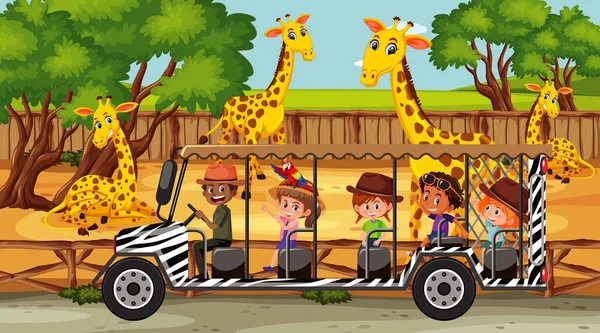 Scena Safari Con Molte Giraffe Bambini Sull Illustrazione Auto Turistiche — Vettoriale Stock