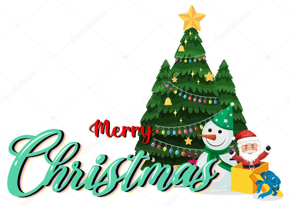 Merry Christmas lettering font design with Christmas tree illustration