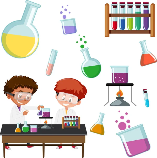 Science Kids Mit Experimentierwerkzeugen Illustration — Stockvektor