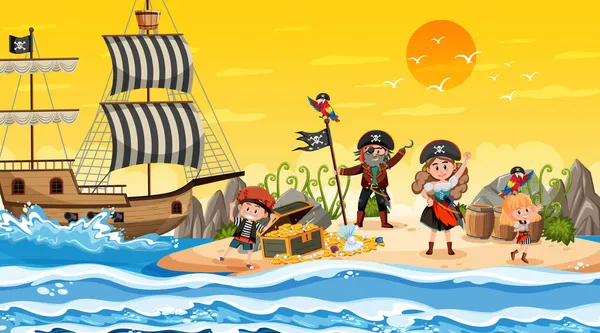Treasure Island Cena Pôr Sol Com Crianças Piratas Ilustração — Vetor de Stock