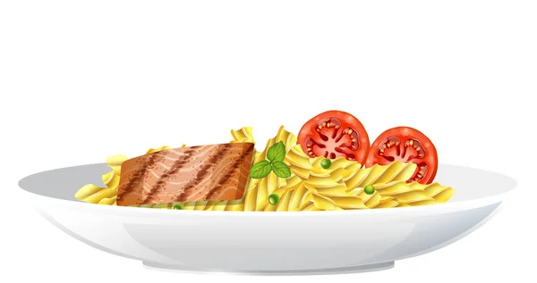 Makaron Fusilli Rybnym Stekiem Pomidorem Ilustracja — Wektor stockowy