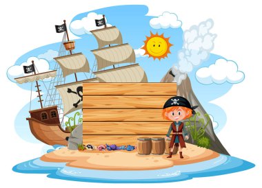 Adada beyaz arkaplanda izole edilmiş boş bir afişi olan bir korsan kız.