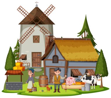 Köylüler ve çiftlik hayvanları resimli ortaçağ evi