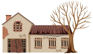 Beyaz arkaplanda terk edilmiş bir ev