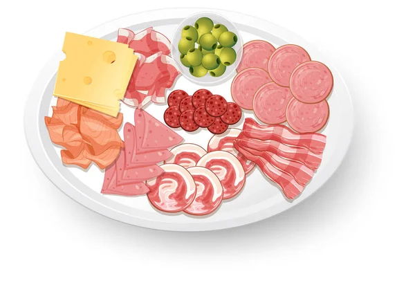 Conjunto Carne Almuerzo Con Diferentes Embutidos Bandeja Ilustración — Archivo Imágenes Vectoriales