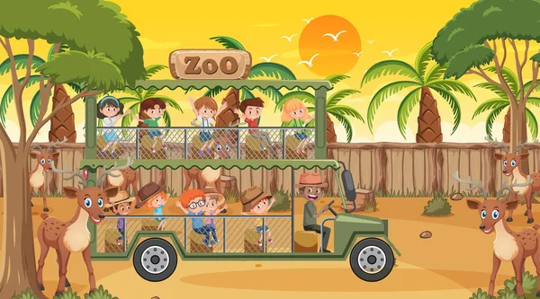 Safari Atardecer Con Niños Viendo Ilustraciones Grupos Ciervos — Archivo Imágenes Vectoriales