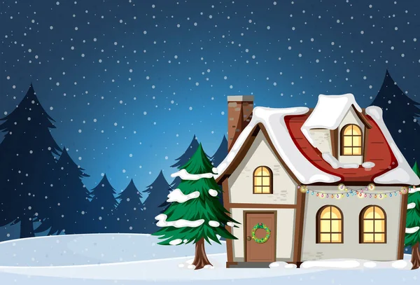 Christmas Background Snow House Night Illustration — Stock Vector