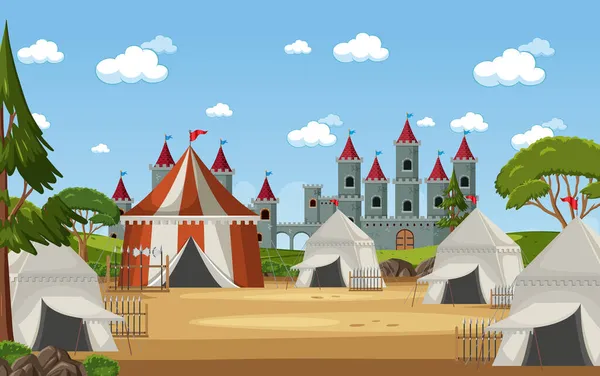 Campo Medieval Militar Com Tendas Ilustração Castelo —  Vetores de Stock