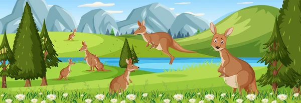 Panorama Landschap Scène Met Veel Kangoeroes Het Bos Illustratie — Stockvector