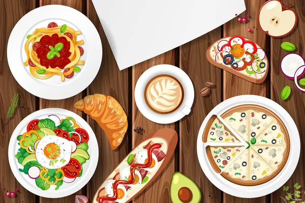 Diferentes Platos Comida Ilustración Mesa — Vector de stock