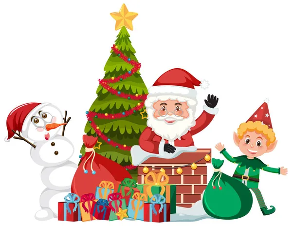 Άγιος Βασίλης Χιονάνθρωπο Και Χριστουγεννιάτικο Δέντρο Εικονογράφηση — Διανυσματικό Αρχείο