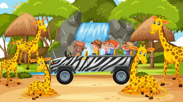 Safari Daytime Scene Children Watching Giraffe Group Illustration — Stock Vector