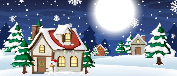 Vánoční Pozadí Sněhem Dům Noci Ilustrace — Stockový vektor
