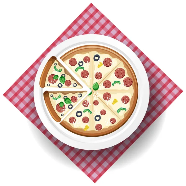 Ovanifrån Ost Salami Pizza Bordsduk Illustration — Stock vektor