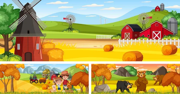 Outdoor Panoramische Landschap Scènes Set Met Cartoon Karakter Illustratie — Stockvector