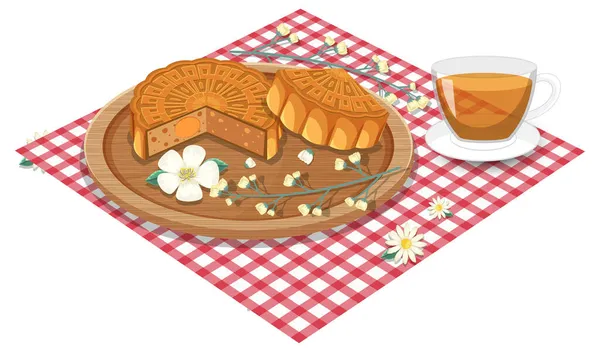Pastel Luna Yema Huevo Salado Con Taza Mantel Ilustración — Archivo Imágenes Vectoriales