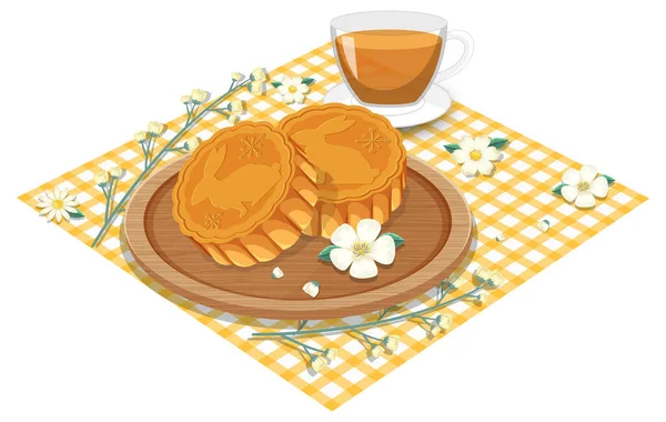 Rabbit Mooncake Com Xícara Chá Definido Ilustração Toalha Mesa — Vetor de Stock