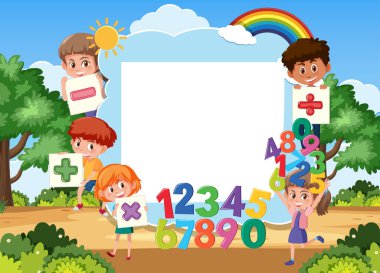 Park görüntülemesinde çocuklar ve matematik nesneleri olan boş tahta