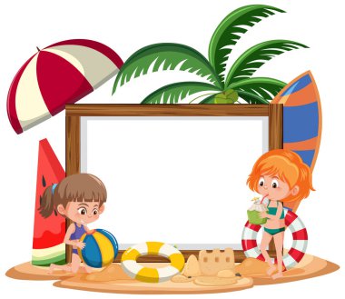 Yaz tatilinde beyaz arkaplan resimlerinde çocukların oynadığı boş afiş şablonu