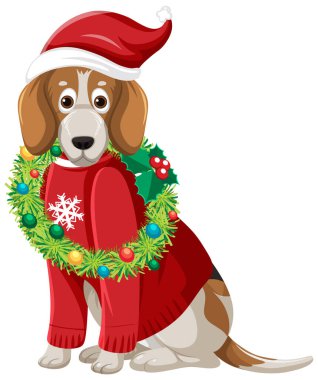 Noel şapkası takan Beagle Dog çizgi film karakteri çizimi
