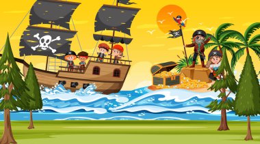 Günbatımında okyanus sahnesi. Korsan çocuklarla birlikte.