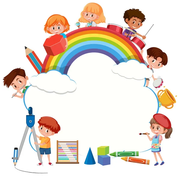 Modelo Quadro Com Escola Crianças Desenho Animado Personagem Ilustração — Vetor de Stock